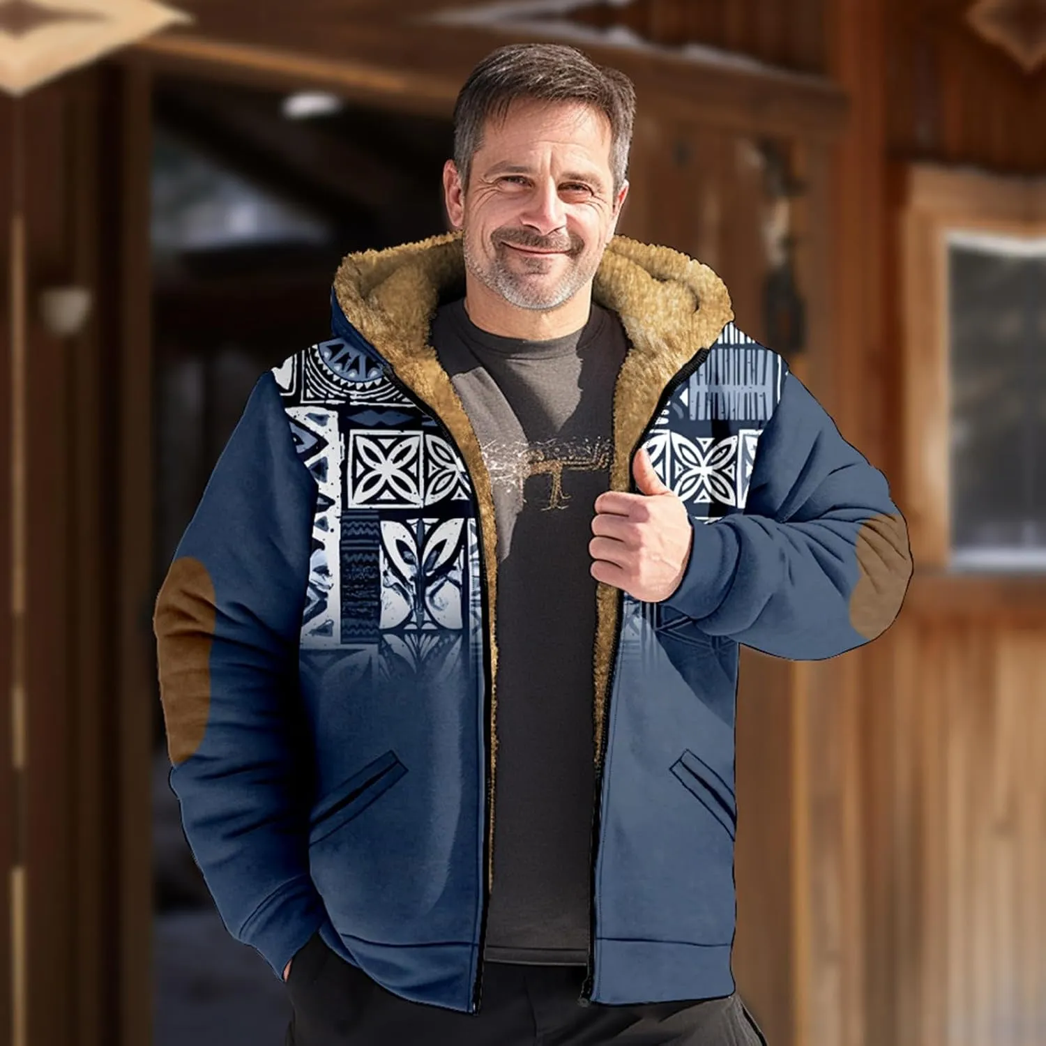 Winter Coats For Men Retro Print Zipper Hooded Warm Windbreaker Jackets Oversized Heavy Hoodie
