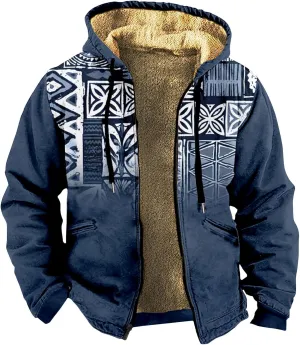 Winter Coats For Men Retro Print Zipper Hooded Warm Windbreaker Jackets Oversized Heavy Hoodie