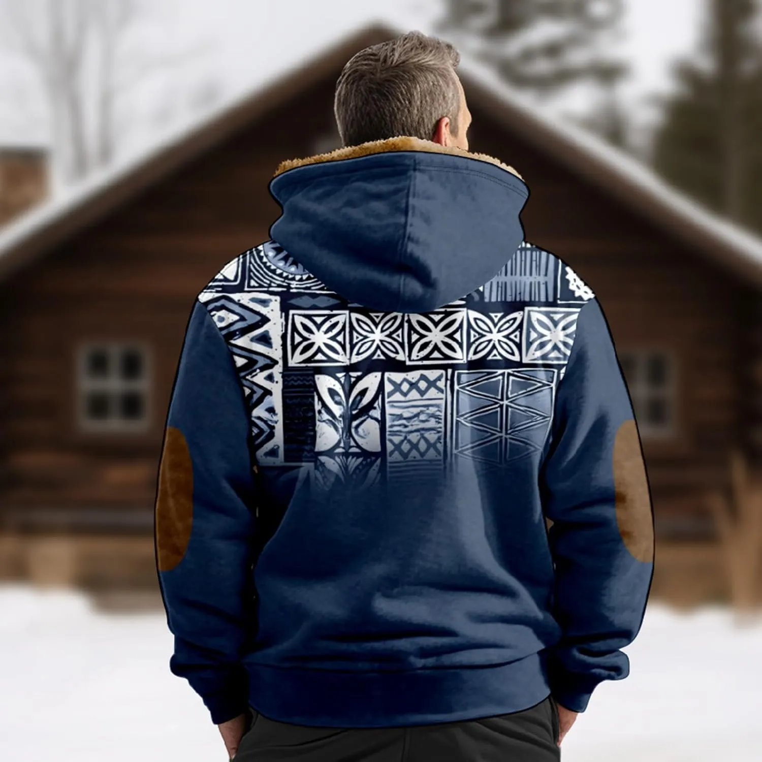 Winter Coats For Men Retro Print Zipper Hooded Warm Windbreaker Jackets Oversized Heavy Hoodie