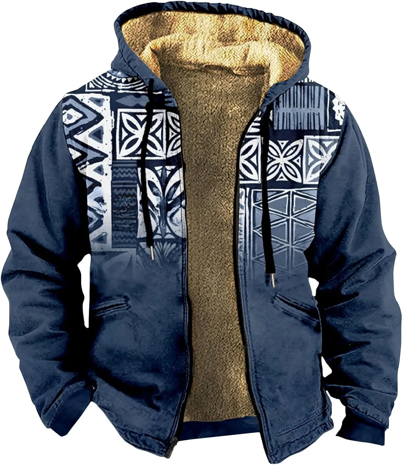 Winter Coats For Men Retro Print Zipper Hooded Warm Windbreaker Jackets Oversized Heavy Hoodie