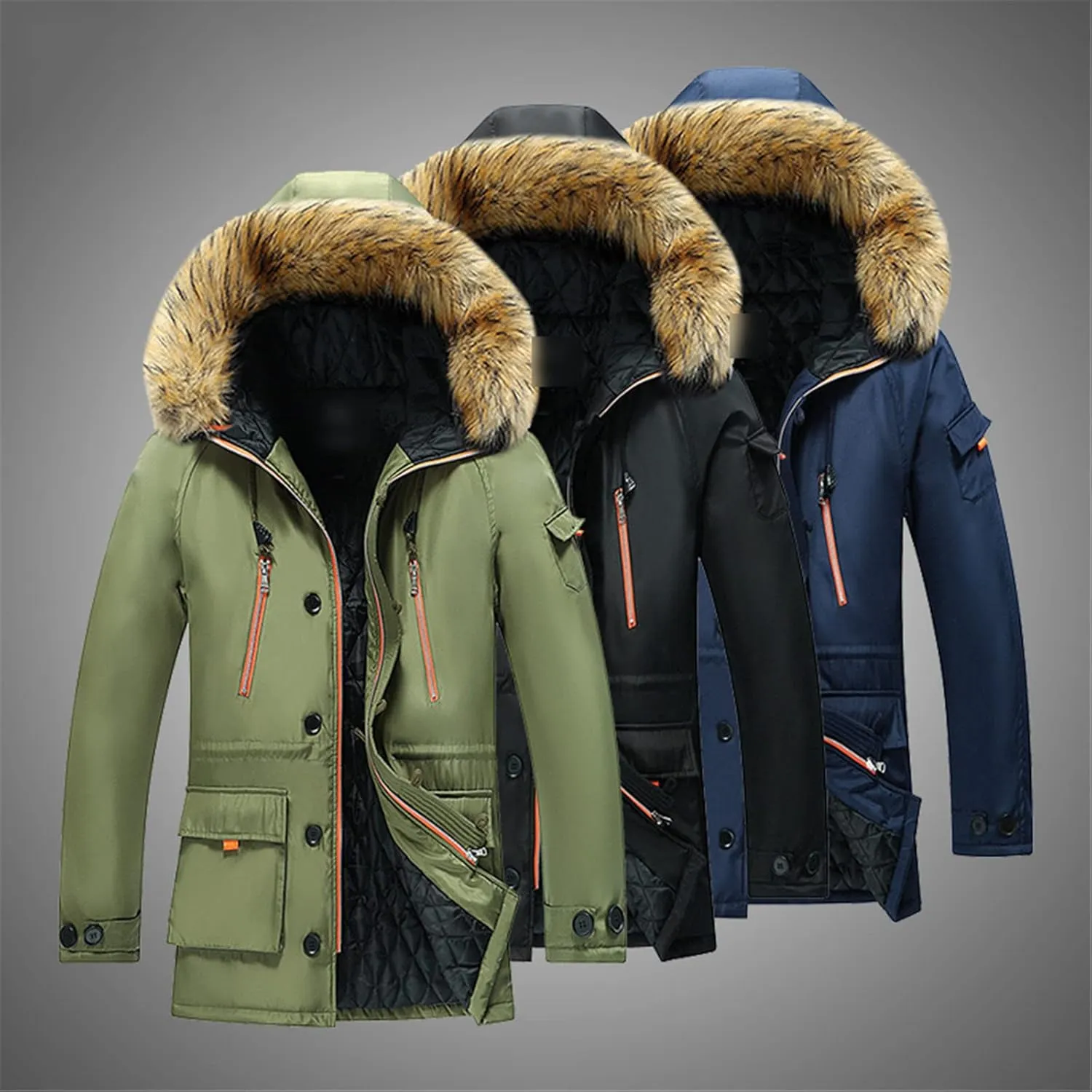 Winter Jacket Men Fur Collar Parkas Coat Casual Thick Warm Windbreakers Soild Color Outdoor Parka Mens Hooded Jacket