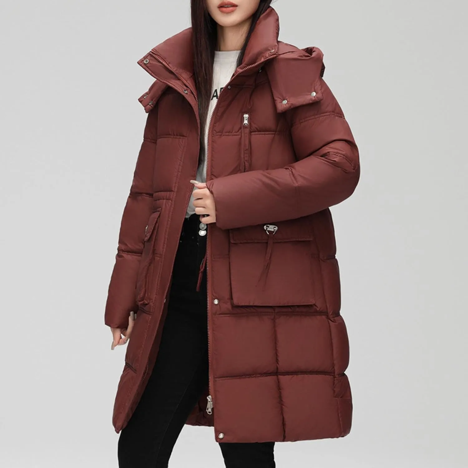 wodceeke Long Hooded Puffer Jacket for Women Winter Warm Down Coats Cotton Padded Windbreaker Overcoat with Removable Hood