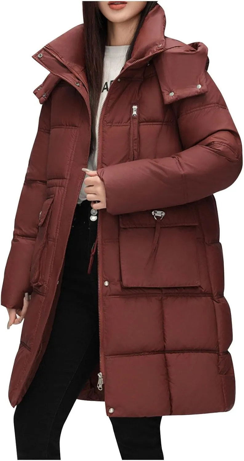 wodceeke Long Hooded Puffer Jacket for Women Winter Warm Down Coats Cotton Padded Windbreaker Overcoat with Removable Hood