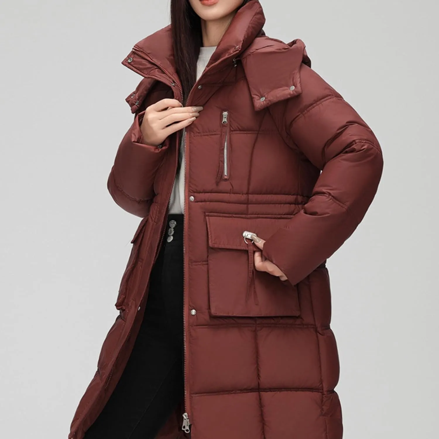 wodceeke Long Hooded Puffer Jacket for Women Winter Warm Down Coats Cotton Padded Windbreaker Overcoat with Removable Hood