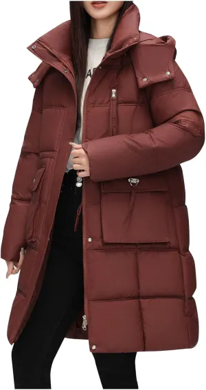 wodceeke Long Hooded Puffer Jacket for Women Winter Warm Down Coats Cotton Padded Windbreaker Overcoat with Removable Hood