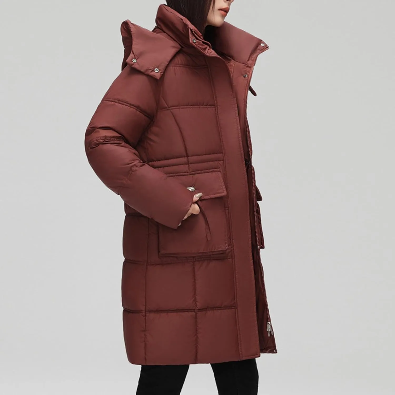 wodceeke Long Hooded Puffer Jacket for Women Winter Warm Down Coats Cotton Padded Windbreaker Overcoat with Removable Hood