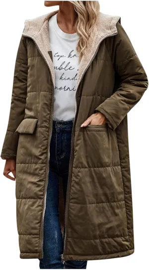 wodceeke Women's Sherpa Lined Winter Coats Long Hooded Parka Puffer Jacket Full Zip Down Oversized Windbreaker Overcoat