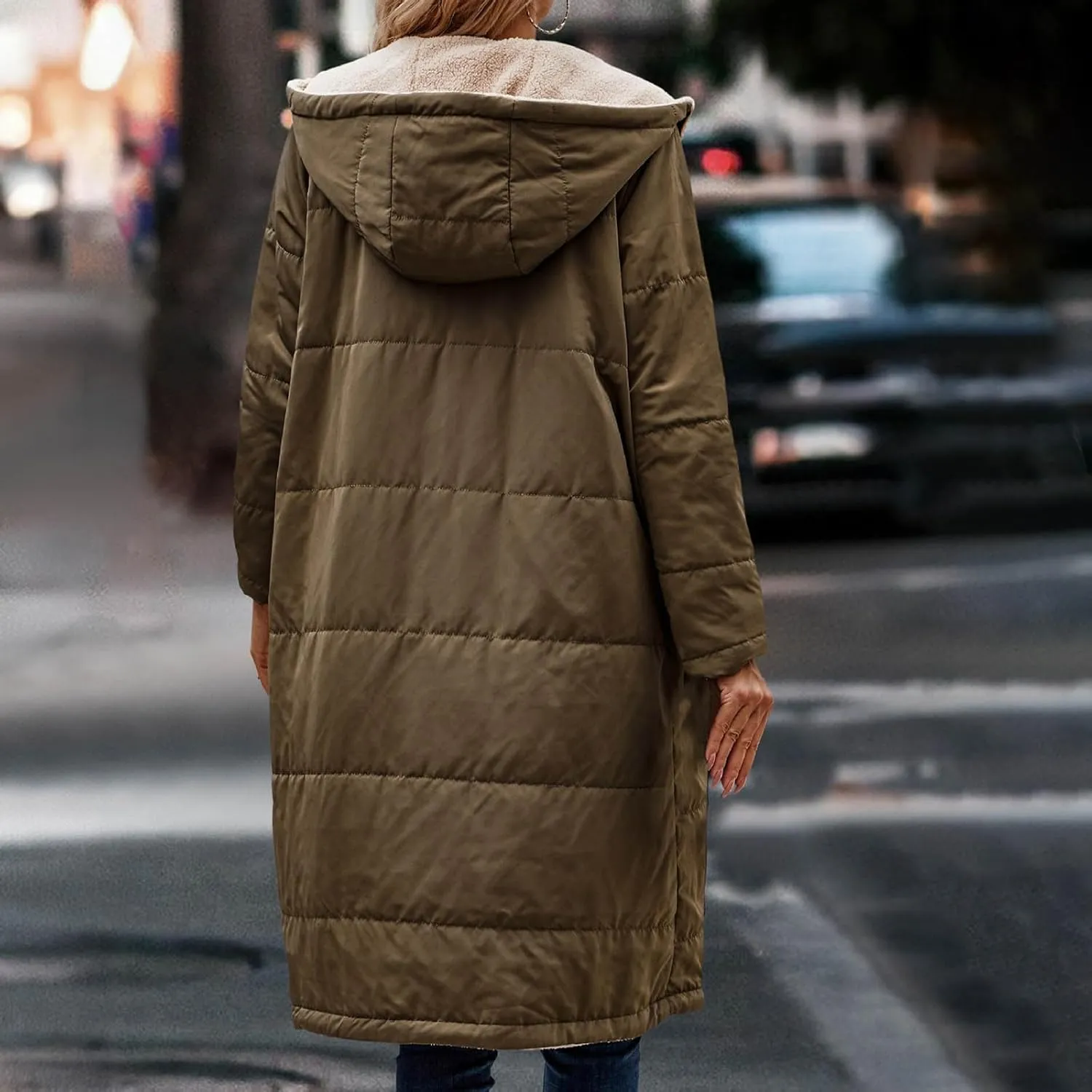wodceeke Women's Sherpa Lined Winter Coats Long Hooded Parka Puffer Jacket Full Zip Down Oversized Windbreaker Overcoat