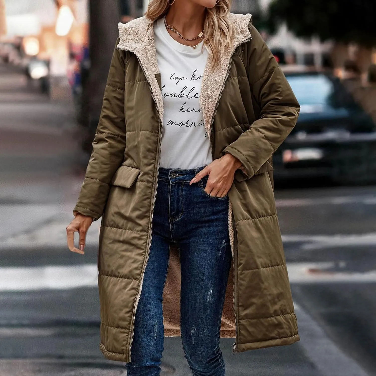 wodceeke Women's Sherpa Lined Winter Coats Long Hooded Parka Puffer Jacket Full Zip Down Oversized Windbreaker Overcoat
