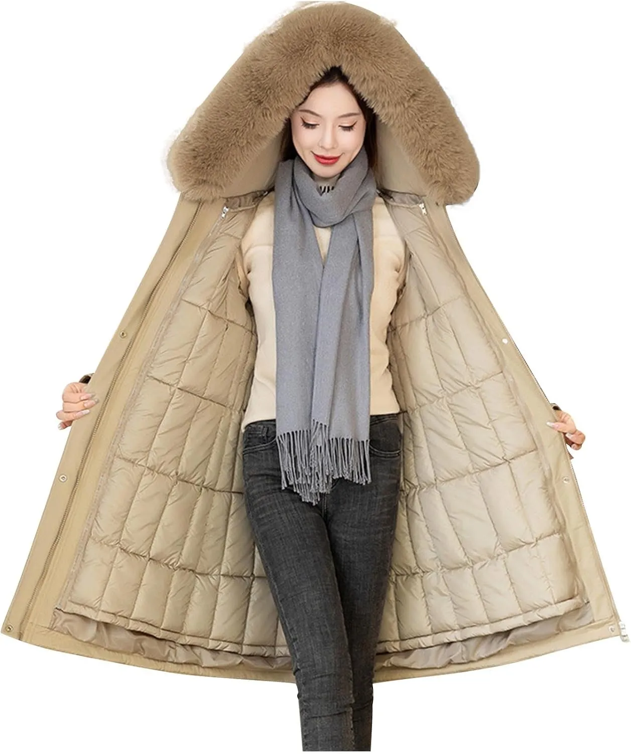 wodceeke Women's Winter Warm Parka Jacket with Fur Hood, Quilted Lined Down Puffer Coat Outdoor Windbreaker Overcoat