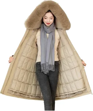 wodceeke Women's Winter Warm Parka Jacket with Fur Hood, Quilted Lined Down Puffer Coat Outdoor Windbreaker Overcoat