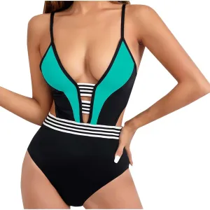 Women Bathing Suits Fashion Splicing Trending Swimwear Backless Tummy Control Swimsuits One Piece Swimsuit