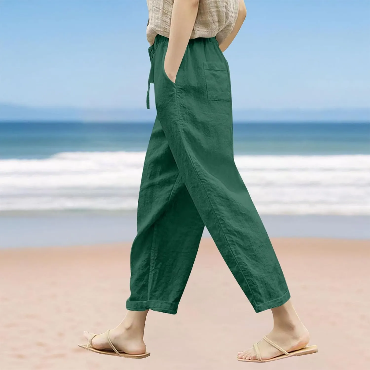 Women Linen Pants Capri Lightweight Spring Summer Pants for Beach Elastic Drawstring Wide Leg Trousers with Pockets