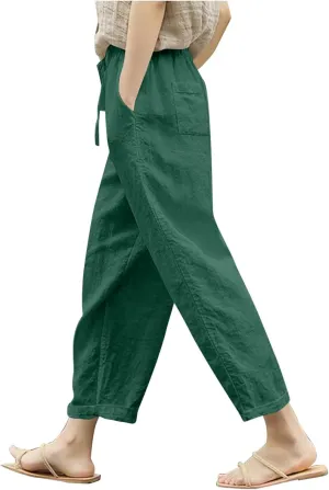 Women Linen Pants Capri Lightweight Spring Summer Pants for Beach Elastic Drawstring Wide Leg Trousers with Pockets