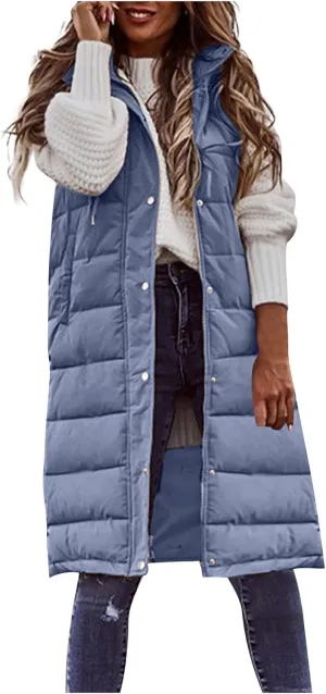 Women Long Puffer Vest Sleveless Hoodies Full Zipper button Sleeveless Down Coats Thickened Warm Windbreakers 2024