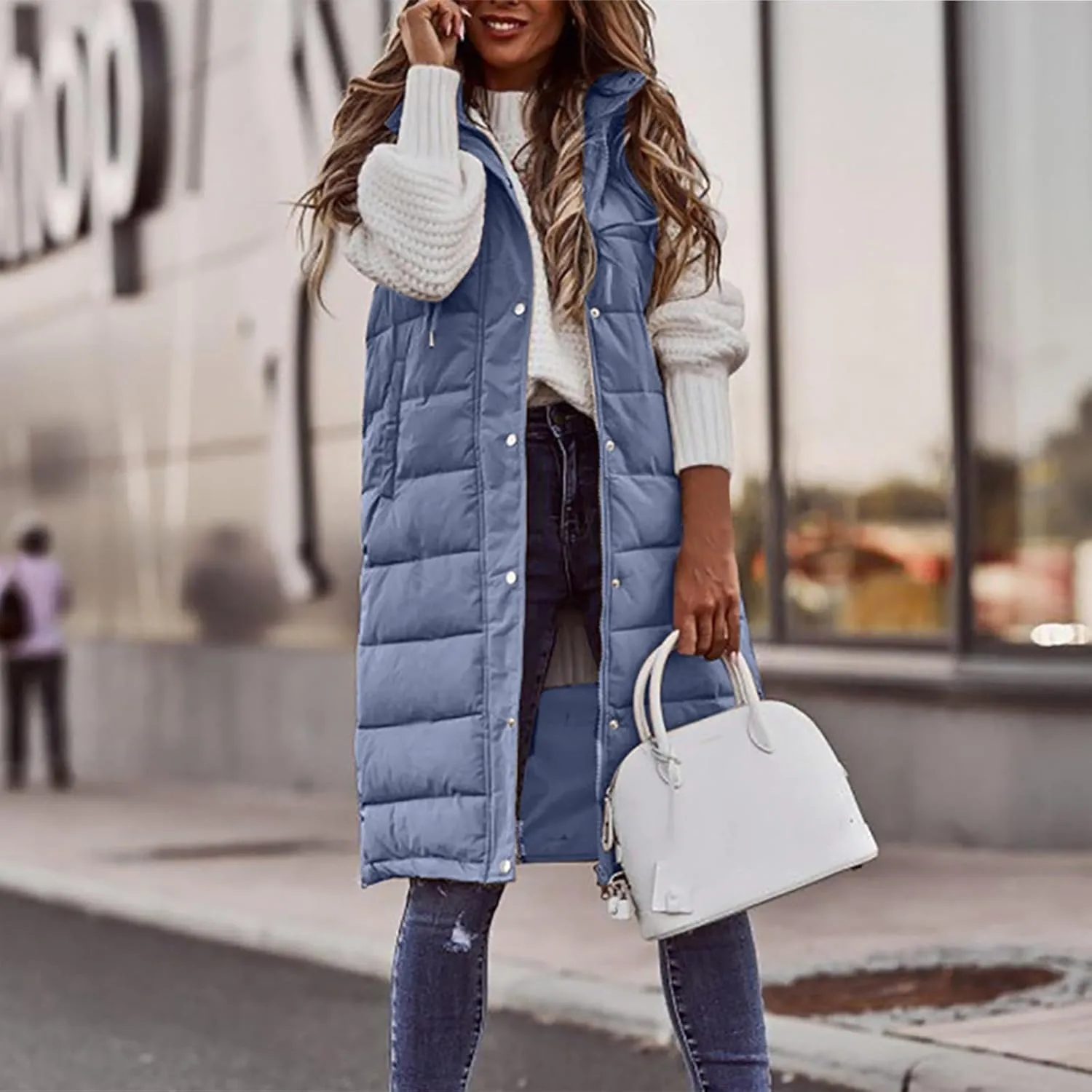 Women Long Puffer Vest Sleveless Hoodies Full Zipper button Sleeveless Down Coats Thickened Warm Windbreakers 2024