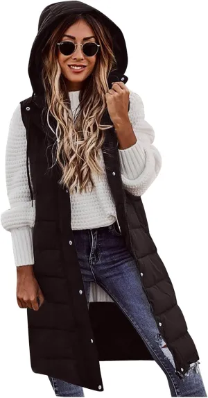Women Long Puffer Vest Sleveless Hoodies Full Zipper button Sleeveless Down Coats Thickened Warm Windbreakers 2024