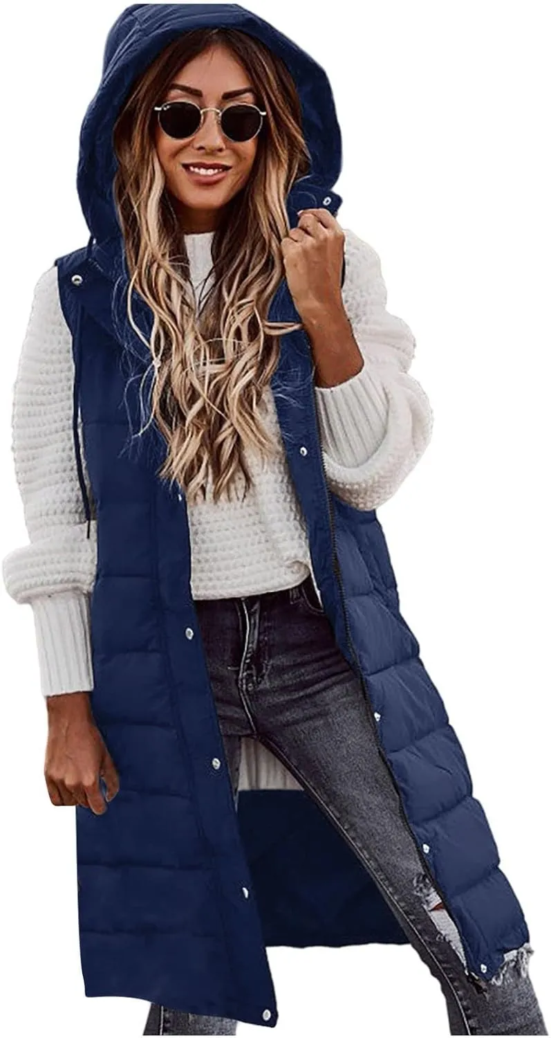 Women Long Puffer Vest Sleveless Hoodies Full Zipper button Sleeveless Down Coats Thickened Warm Windbreakers 2024