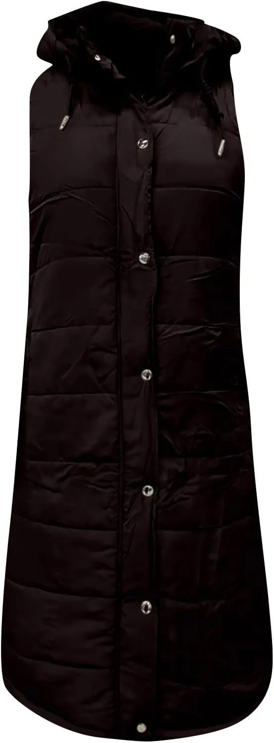 Women Long Puffer Vest Sleveless Hoodies Full Zipper button Sleeveless Down Coats Thickened Warm Windbreakers 2024