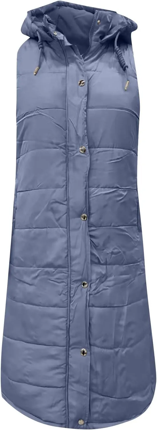 Women Long Puffer Vest Sleveless Hoodies Full Zipper button Sleeveless Down Coats Thickened Warm Windbreakers 2024