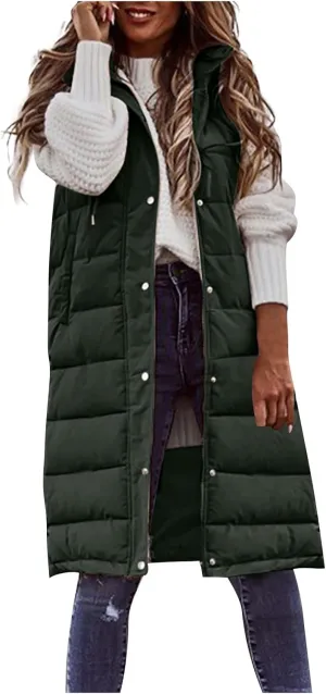 Women Long Puffer Vest Sleveless Hoodies Full Zipper button Sleeveless Down Coats Thickened Warm Windbreakers 2024