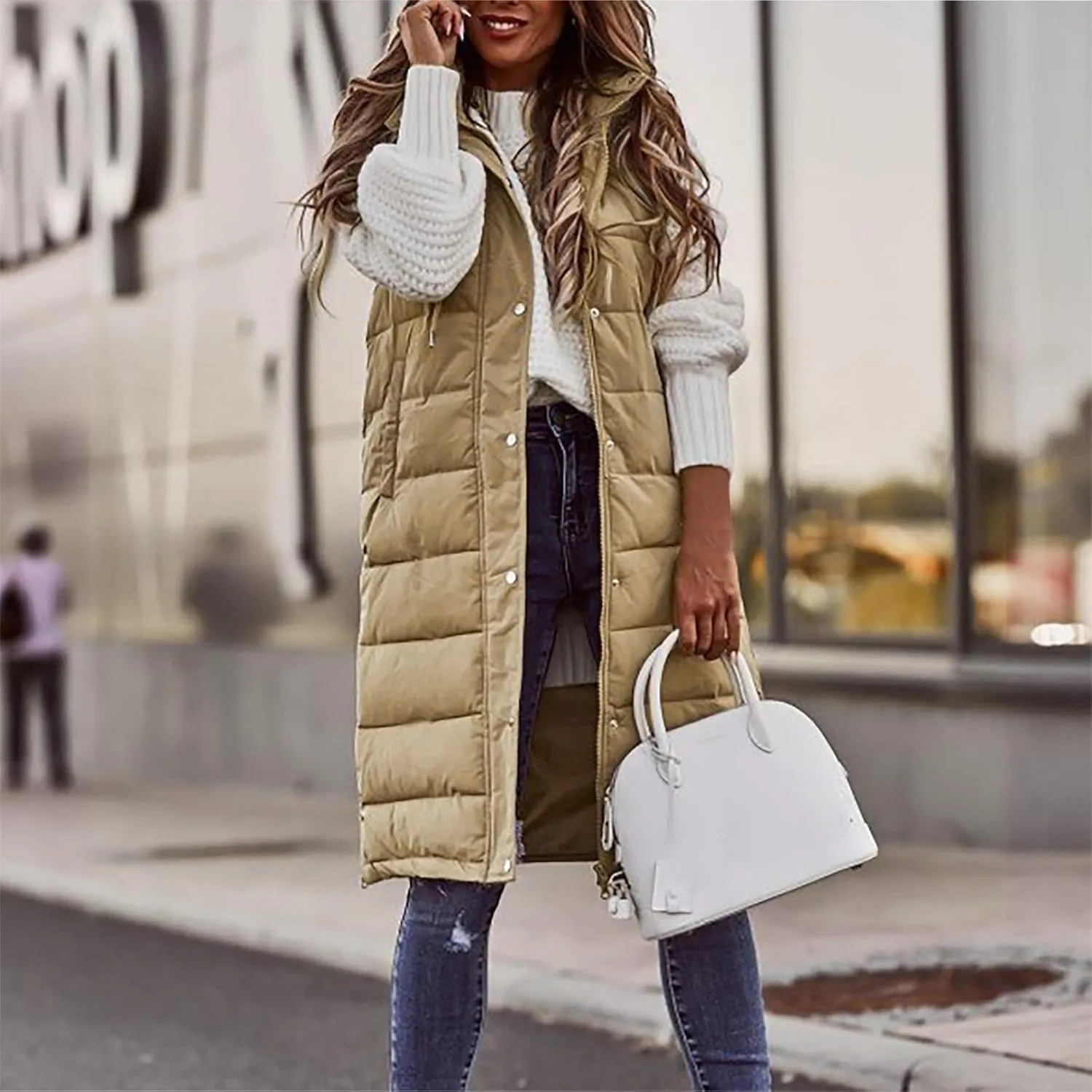 Women Long Puffer Vest Sleveless Hoodies Full Zipper button Sleeveless Down Coats Thickened Warm Windbreakers 2024