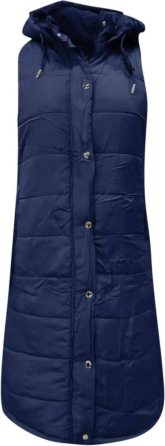 Women Long Puffer Vest Sleveless Hoodies Full Zipper button Sleeveless Down Coats Thickened Warm Windbreakers 2024