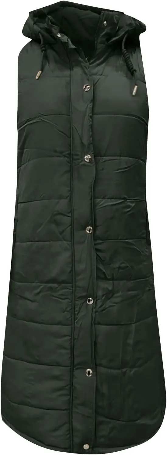 Women Long Puffer Vest Sleveless Hoodies Full Zipper button Sleeveless Down Coats Thickened Warm Windbreakers 2024