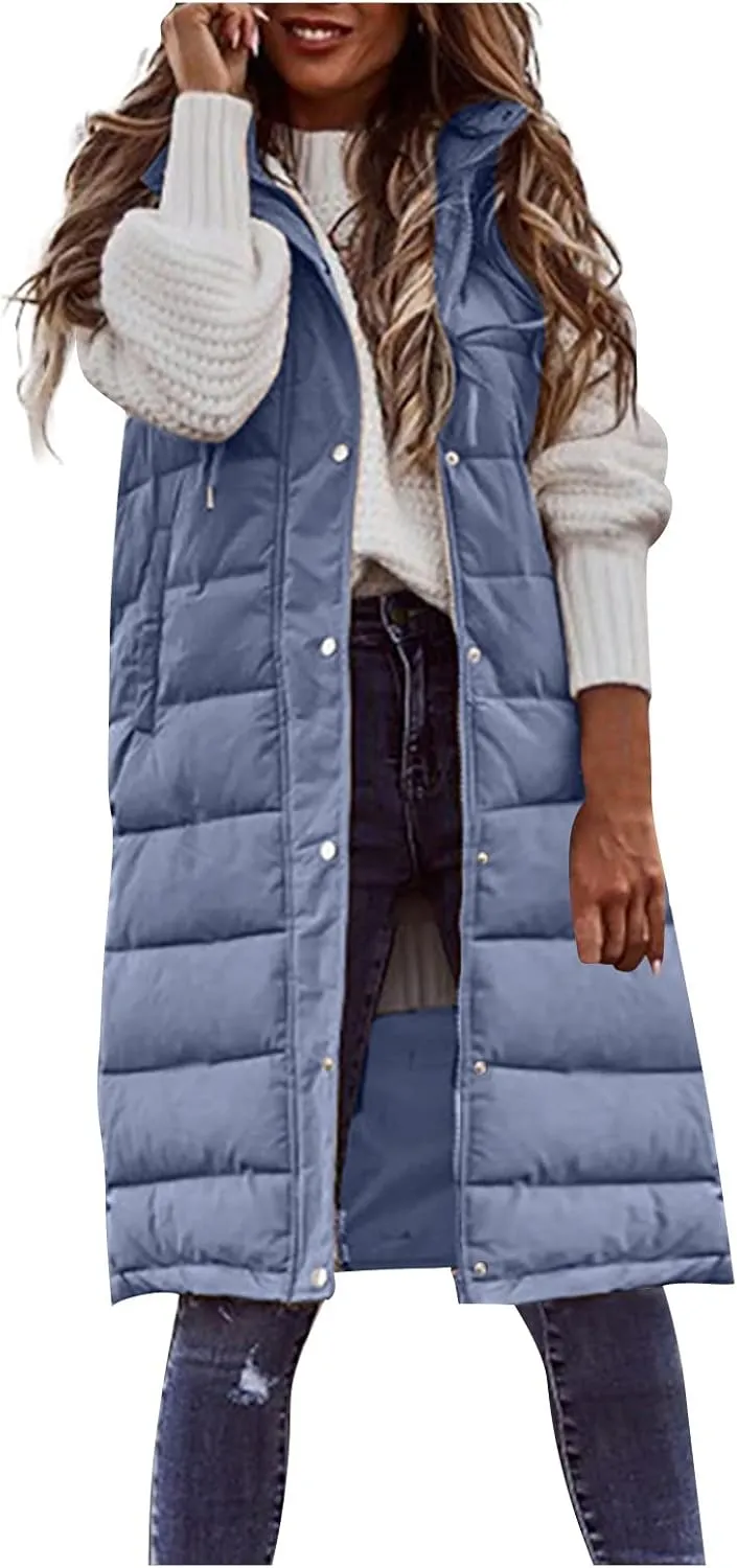Women Long Puffer Vest Sleveless Hoodies Full Zipper button Sleeveless Down Coats Thickened Warm Windbreakers 2024