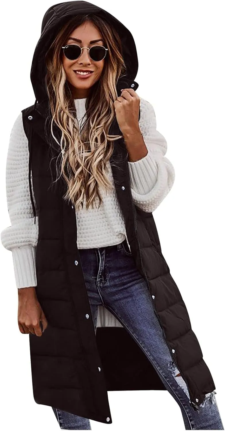 Women Long Puffer Vest Sleveless Hoodies Full Zipper button Sleeveless Down Coats Thickened Warm Windbreakers 2024