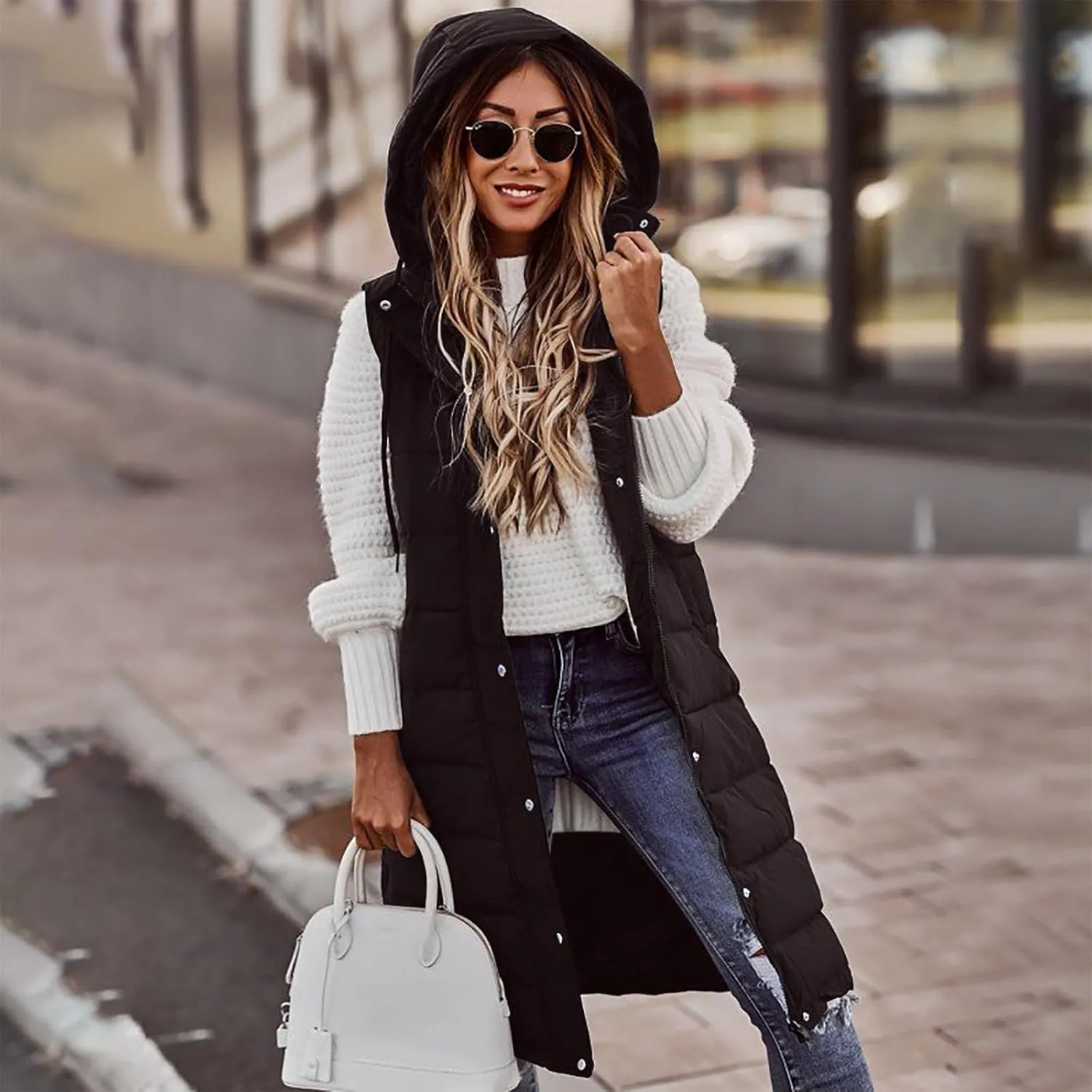 Women Long Puffer Vest Sleveless Hoodies Full Zipper button Sleeveless Down Coats Thickened Warm Windbreakers 2024