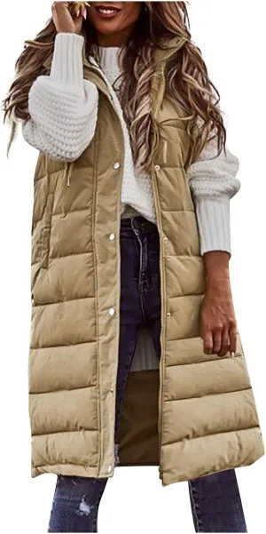 Women Long Puffer Vest Sleveless Hoodies Full Zipper button Sleeveless Down Coats Thickened Warm Windbreakers 2024