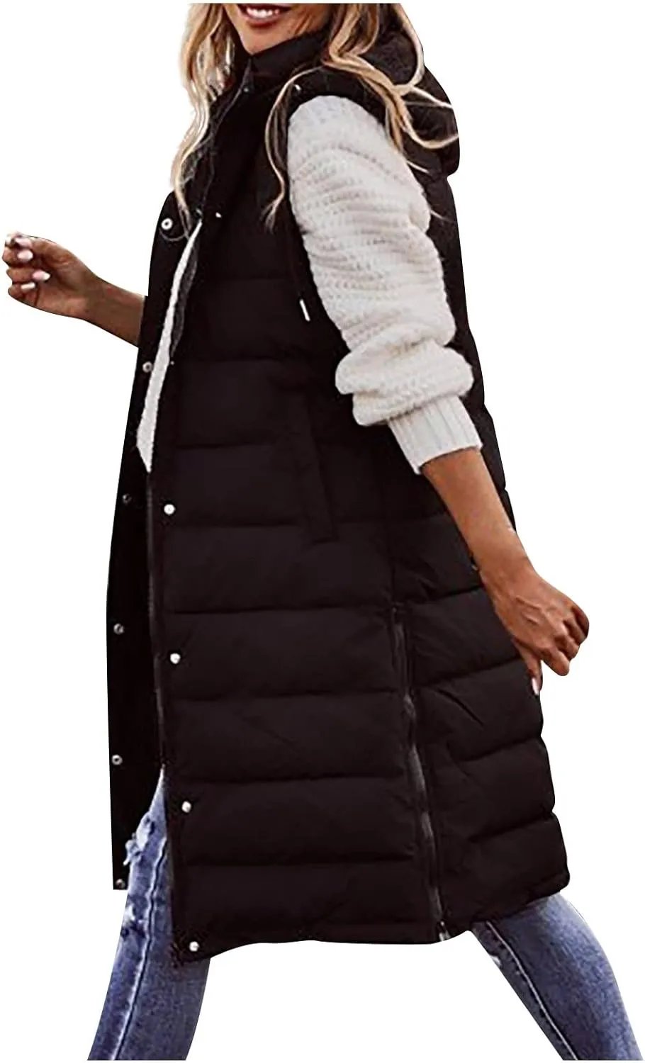 Women Long Puffer Vest Sleveless Hoodies Full Zipper button Sleeveless Down Coats Thickened Warm Windbreakers 2024