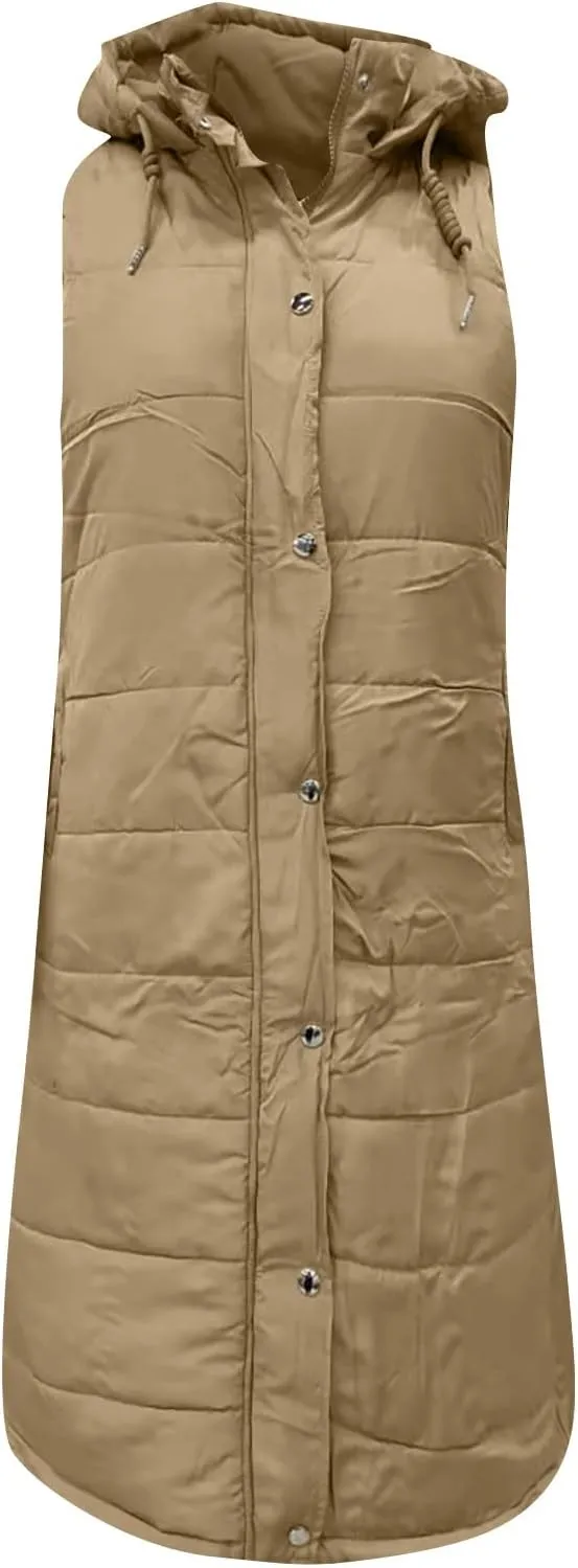 Women Long Puffer Vest Sleveless Hoodies Full Zipper button Sleeveless Down Coats Thickened Warm Windbreakers 2024