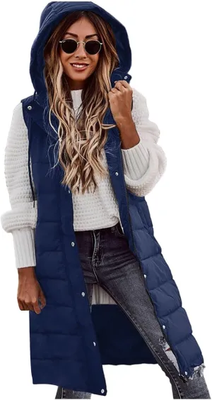 Women Long Puffer Vest Sleveless Hoodies Full Zipper button Sleeveless Down Coats Thickened Warm Windbreakers 2024