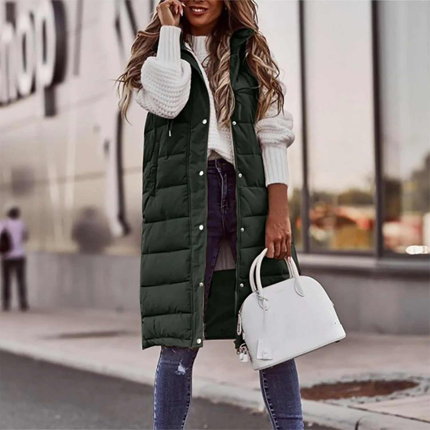 Women Long Puffer Vest Sleveless Hoodies Full Zipper button Sleeveless Down Coats Thickened Warm Windbreakers 2024