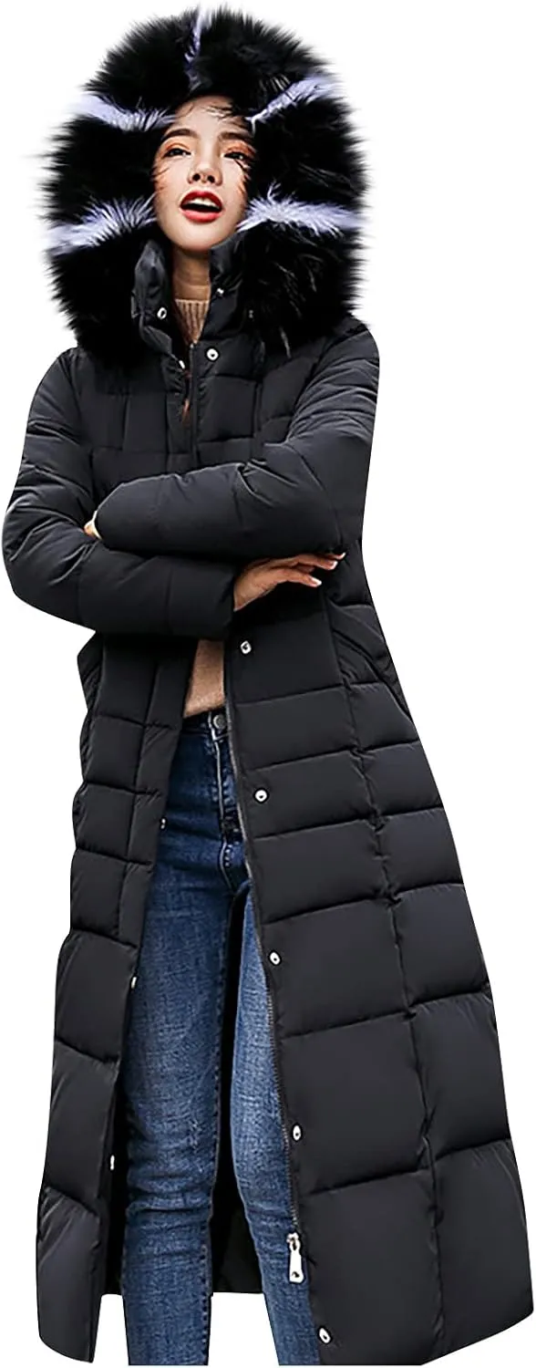Women Maxi Puffer Jackets Winter Warm Parka Down Coats with Faux Fur Hood Fashion Thick Heavyweight Comfy Outwear