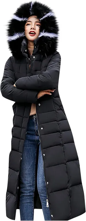Women Maxi Puffer Jackets Winter Warm Parka Down Coats with Faux Fur Hood Fashion Thick Heavyweight Comfy Outwear