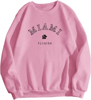 Women Miami Letter Graphic Print Oversized Sweatshirt Fleece Crewneck Long Sleeve Drop Shoulder Pullover Fall Clothes