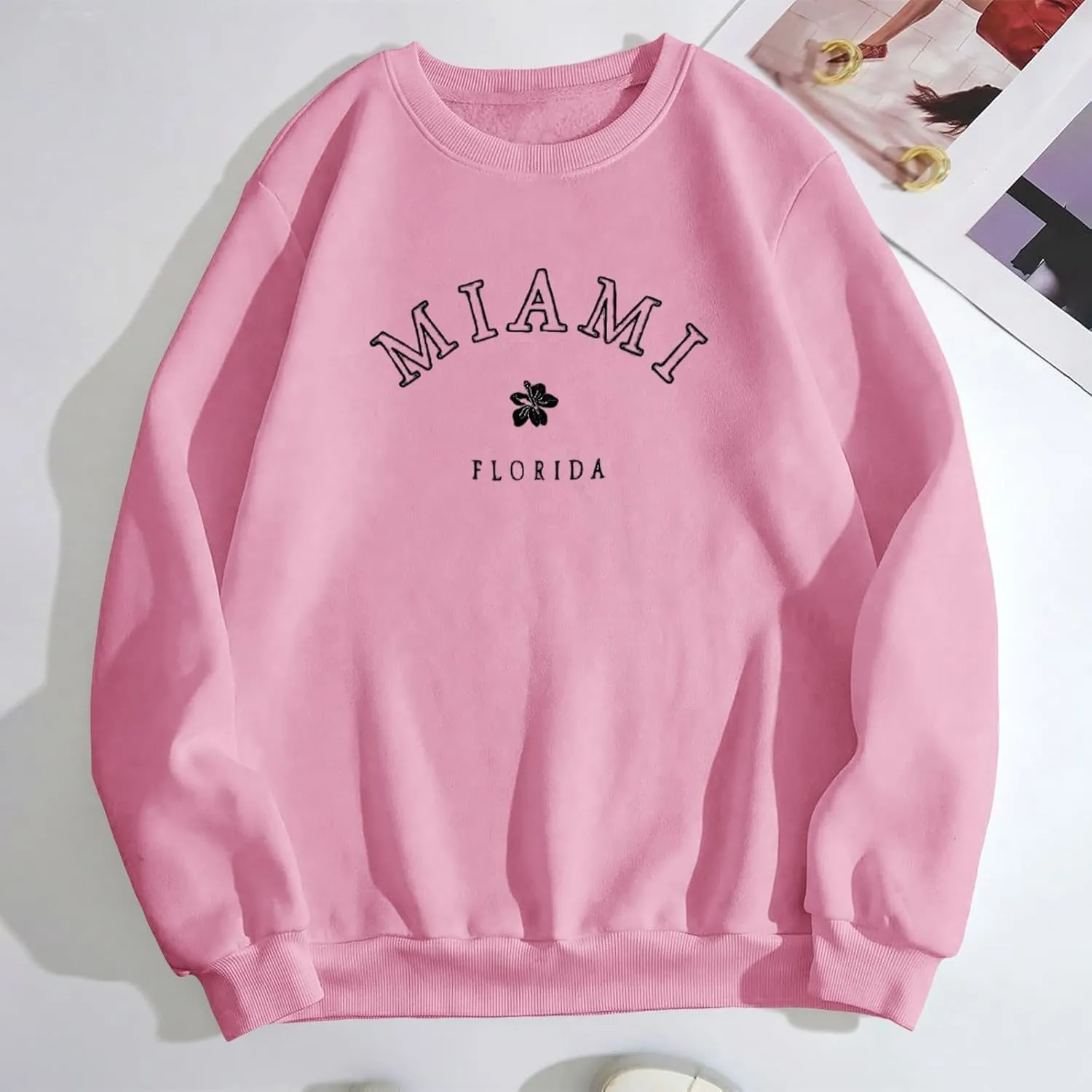 Women Miami Letter Graphic Print Oversized Sweatshirt Fleece Crewneck Long Sleeve Drop Shoulder Pullover Fall Clothes