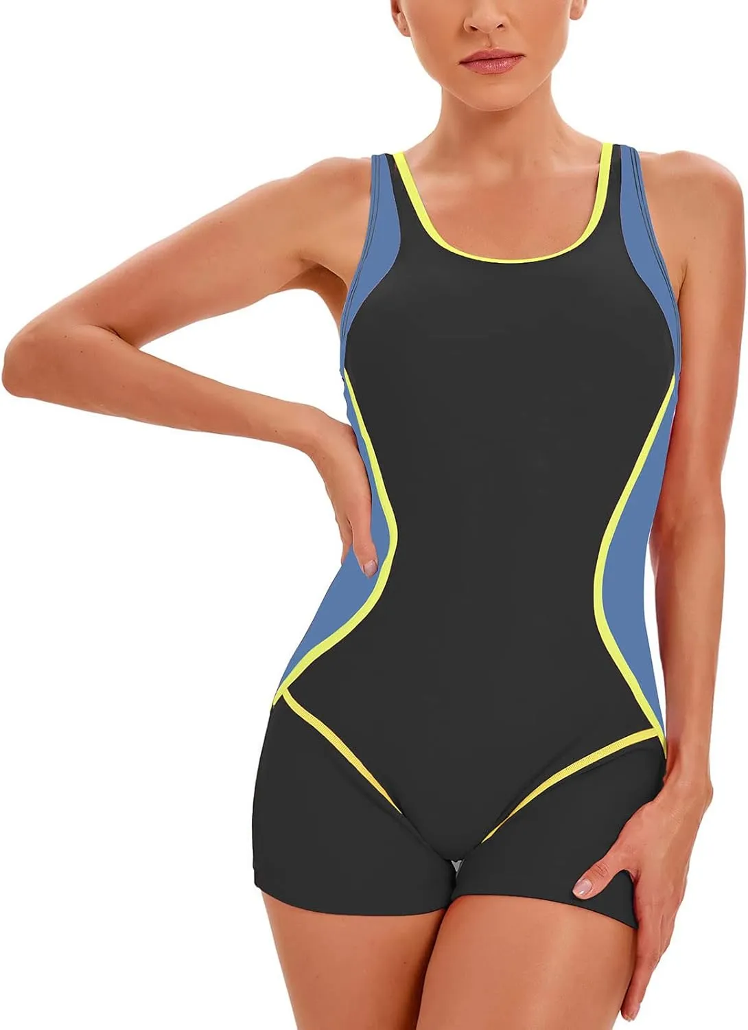 Women One Piece Bathing Suit Tummy Control Swimsuits High Neck Monokini Color Block Sexy Backless Rash Guard Swimwear