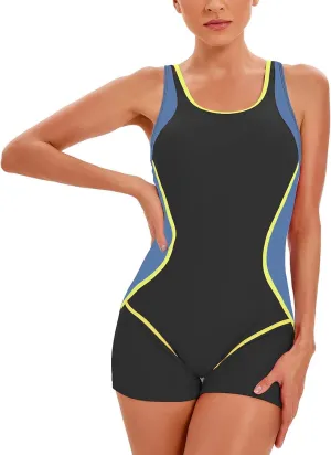 Women One Piece Bathing Suit Tummy Control Swimsuits High Neck Monokini Color Block Sexy Backless Rash Guard Swimwear