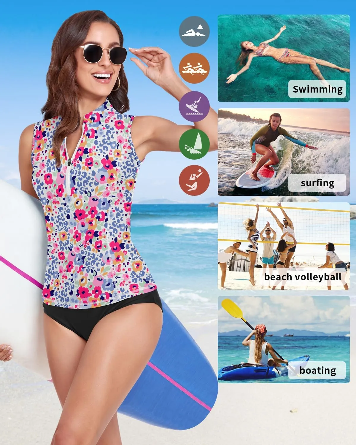 Women Rash Guard Tank Top Swim Shirts UV Sun Protection Surfing Swimsuits Top Zipper Bathing Suit Built in Bra No Bottoms