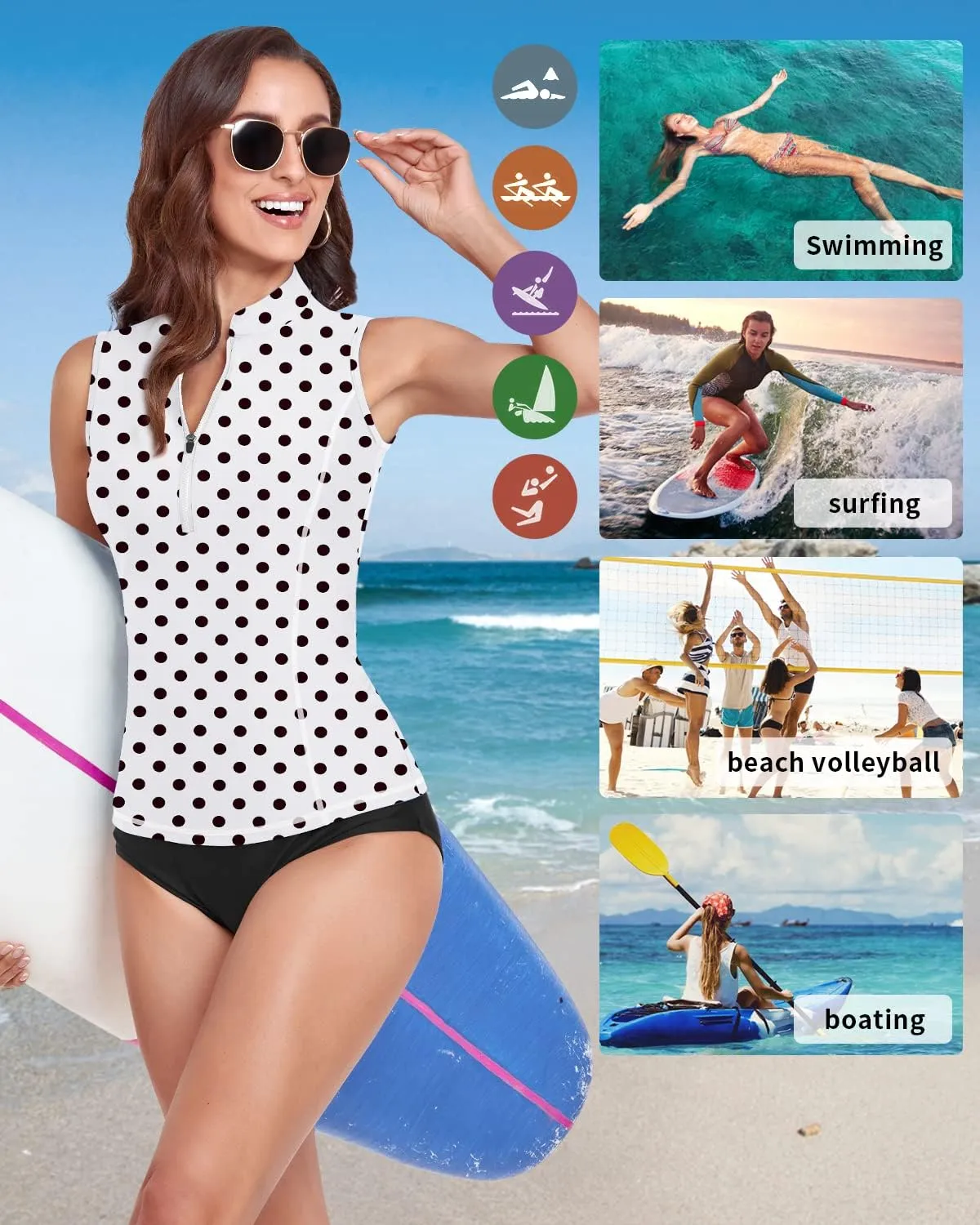 Women Rash Guard Tank Top Swim Shirts UV Sun Protection Surfing Swimsuits Top Zipper Bathing Suit Built in Bra No Bottoms