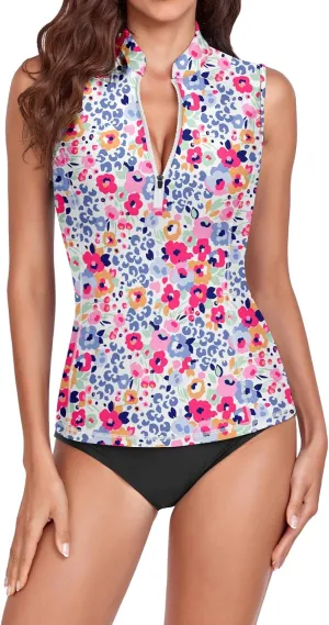 Women Rash Guard Tank Top Swim Shirts UV Sun Protection Surfing Swimsuits Top Zipper Bathing Suit Built in Bra No Bottoms