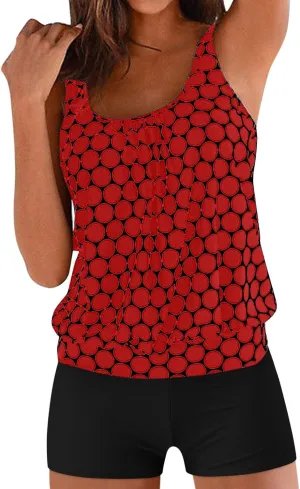 Women Tankini Swimsuit Trendy Polka Dot Tank Top with Bottoms 2 Piece Modest Bathing Suit Plus Size Sexy Swimwear Set