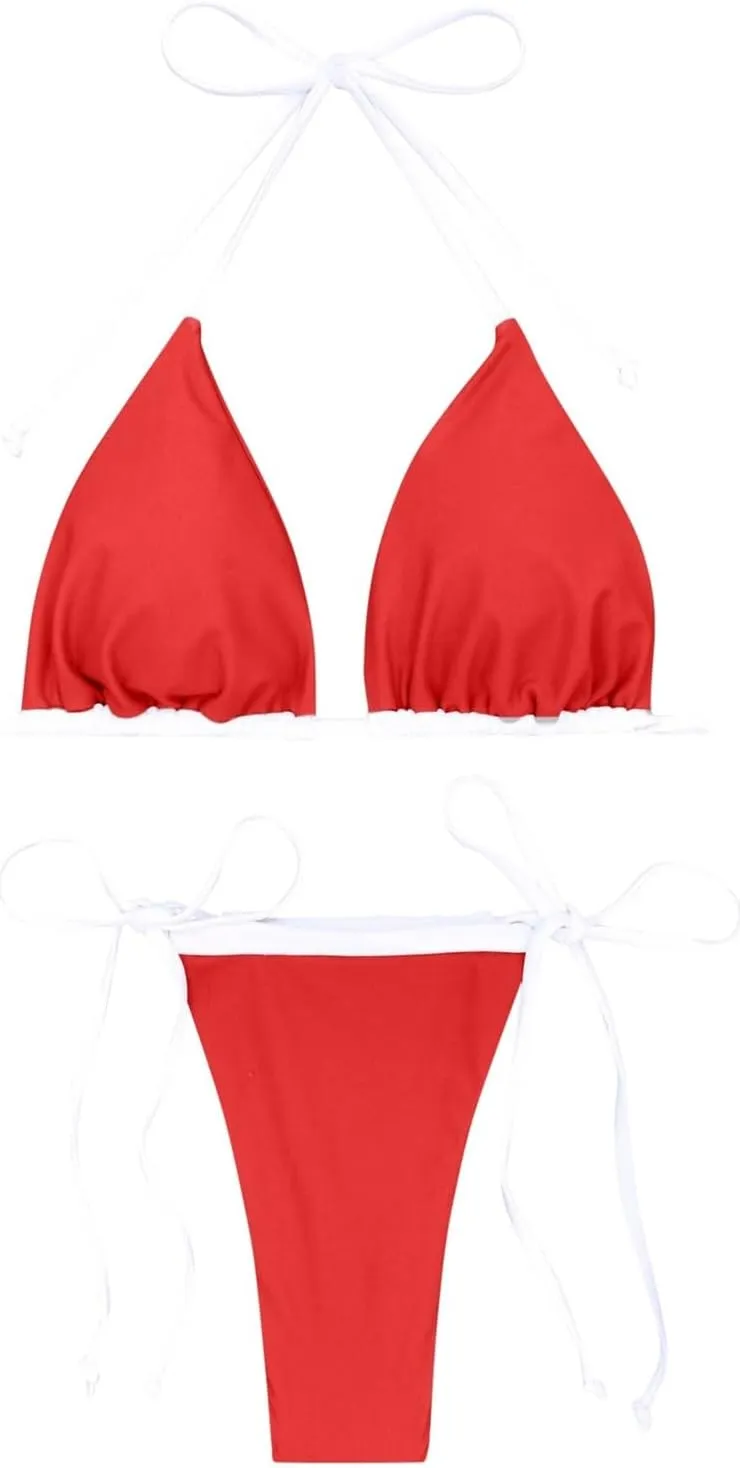 Women Triangle Halter Bikini Tops Adjustable Lace-up String 2 Piece Swimsuit Ruched Thong Brazilian Bathing Suit