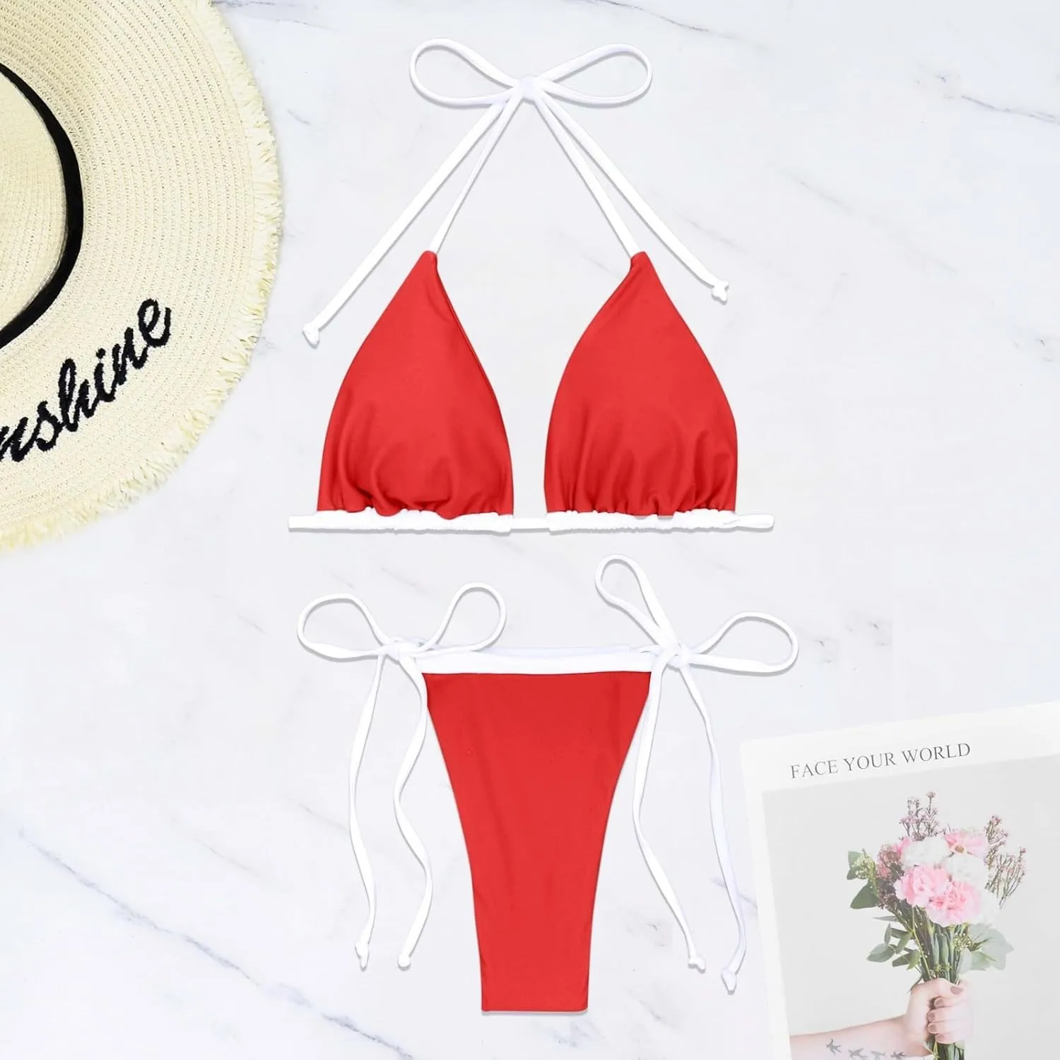 Women Triangle Halter Bikini Tops Adjustable Lace-up String 2 Piece Swimsuit Ruched Thong Brazilian Bathing Suit