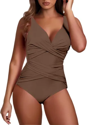 Women Tummy Control One Piece Swimsuits V Neck Criss Cross Ruched Push Up Slimming Swimwear Vintage Padded Swimwear
