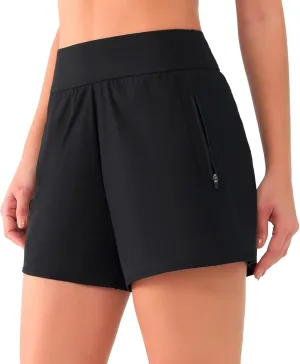 Women's 3" High Waisted Swim Shorts with Zipper Pockets Quick Dry Board Shorts Swimsuit Bottoms Built-in Brief